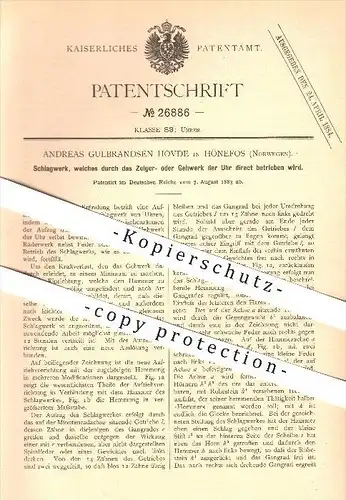original Patent - Andreas Gulbrandsen Hovde in Hönefos , Norwegen , 1883 , Schlagwerk , Uhr , Uhrwerk , Uhrmacher !!!