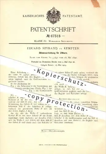 original Patent - Eduard Seyband in Kempten , 1892 , Stimmvorrichtung für Zittern , Zitter , Musikinstrumente , Musik !!