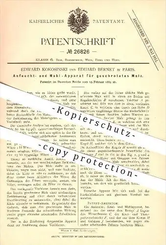 original Patent - Edward Kokosinski & Eduard Bernet in Paris , 1883 , Anfeucht- und Mahlapparat , Malz , Bier , Brauerei