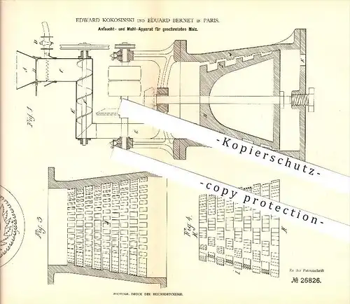 original Patent - Edward Kokosinski & Eduard Bernet in Paris , 1883 , Anfeucht- und Mahlapparat , Malz , Bier , Brauerei