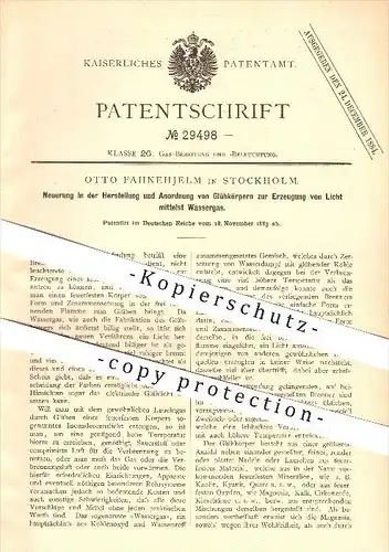 original Patent - Otto Fahnehjelm in Stockholm , 1883 , Glühkörpern zur Erzeugung von Licht , Licht , Gas , Beleuchtung