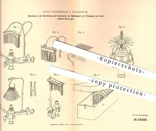 original Patent - Otto Fahnehjelm in Stockholm , 1883 , Glühkörpern zur Erzeugung von Licht , Licht , Gas , Beleuchtung