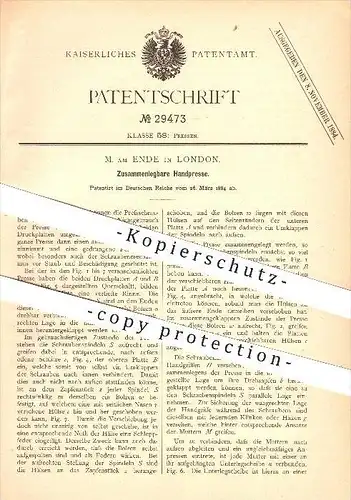 original Patent - M. am Ende in London , 1884 , Zusammenlegbare Handpresse , Presse , Pressen , Druckplatten !!!