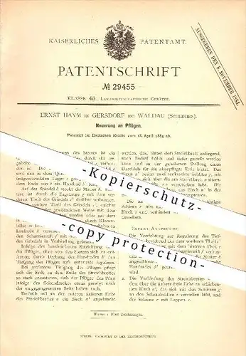 original Patent - Ernst Haym in Gersdorf bei Waldau , Schlesien , 1884 , Pflug , Pflügen , Landwirtschaft , Ackerbau !!!