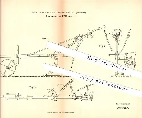 original Patent - Ernst Haym in Gersdorf bei Waldau , Schlesien , 1884 , Pflug , Pflügen , Landwirtschaft , Ackerbau !!!