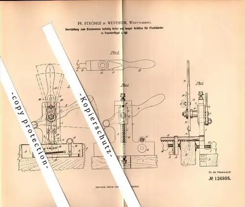 Original Patent - Fr. Ströhle in Westheim b. Rosengarten , 1900 , Apparat für Fischbänder , Fensterbau , Fenster !!!