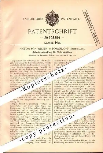 Original Patent - Anton Schimitzek in Fohnsdorf , Steiermark , 1901 , Sicherheitsapparat für Fördermaschinen !!!