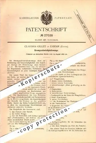 Original Patent - Claudius Gillet à Zabern / Saverne , 1883 , Compteur d'eau pour le taux d'écoulement !!!