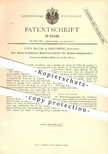 original Patent - Louis Mattis in Hirschberg , Schlesien , 1884, Blockverschluss für Hinterladegewehre , Gewehr , Waffen