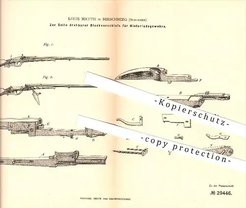 original Patent - Louis Mattis in Hirschberg , Schlesien , 1884, Blockverschluss für Hinterladegewehre , Gewehr , Waffen