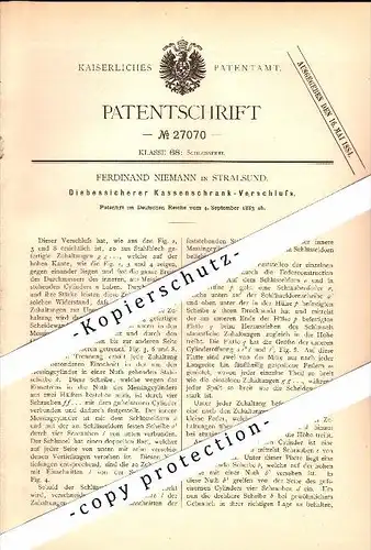 Original Patent - Ferdinand Niemann in Stralsund i. Mecklenburg , 1883 , diebstahlsicherer Kassenschrank , Tresor , Safe