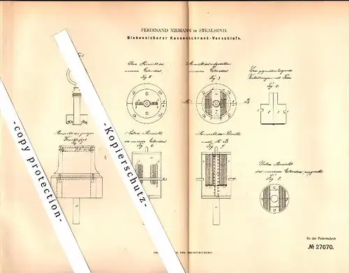 Original Patent - Ferdinand Niemann in Stralsund i. Mecklenburg , 1883 , diebstahlsicherer Kassenschrank , Tresor , Safe