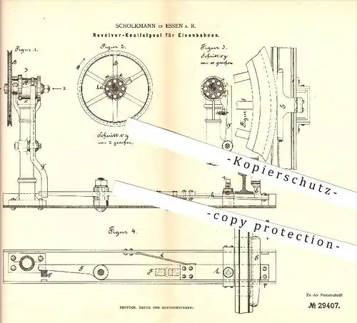 original Patent - Scholkmann in Essen a. R. , 1884 , Revolver-Knallsignal für Eisenbahnen , Lokomotive , Signal !!!