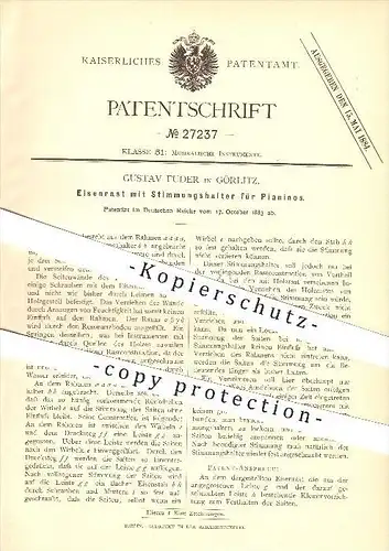 original Patent - Gustav Fuder in Görlitz , 1883 , Eisenrast mit Stimmungshalter für Pianos , Piano , Klavier , Musik !!