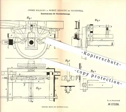 original Patent - André Bolzano in Markt Redwitz bei Wunsiedel , 1883 , Bremse für Eisenbahnen , Fahrzeugbau !!!