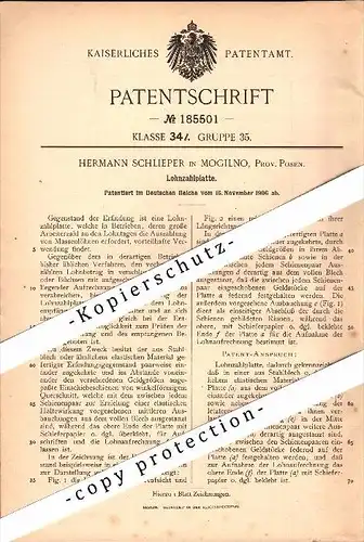 Original Patent - Hermann Schlieper in Mogilno , Posen , 1906 , Lohnzahlplatte , Lohnstreifen , Lohn , Gehalt !!!