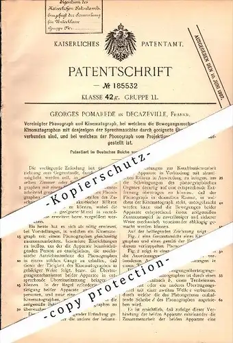 Original Patent - Georges Pomarede à Decazeville , 1906 , Phonographe avec Kinematograph , gramophone !!!