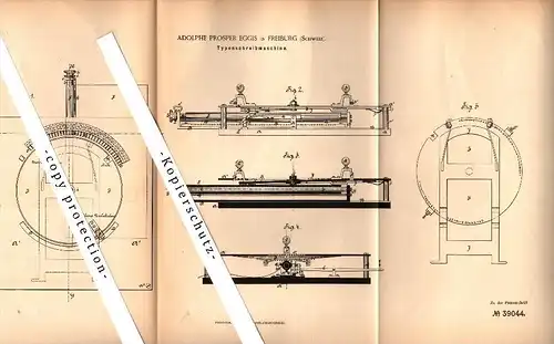 Original Patent - Adolphe Prosper Eggis in Freiburg / Freibourg , 1886 , Typen-Schreibmaschine !!!