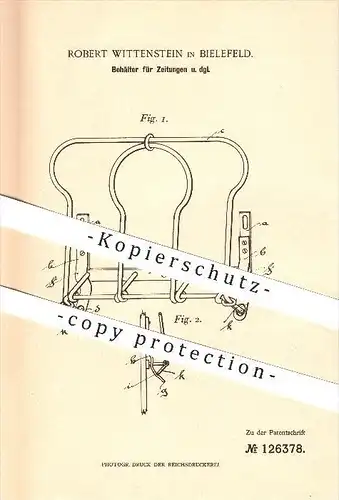 original Patent - Robert Wittenstein in Bielefeld , 1901 , Behälter für Zeitungen , Klappe , Feder , Federkraft !!!