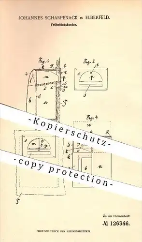 original Patent - J. Scharpenack in Elberfeld , 1901 , Frühstückskasten , Briefkasten , Tür , Wohnung , Wuppertal !!!