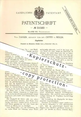 original Patent - von Zansen , genannt von der Osten in Berlin , 1884 , Zügelhalter , Pferdegeschirr , Pferde , Reiten !