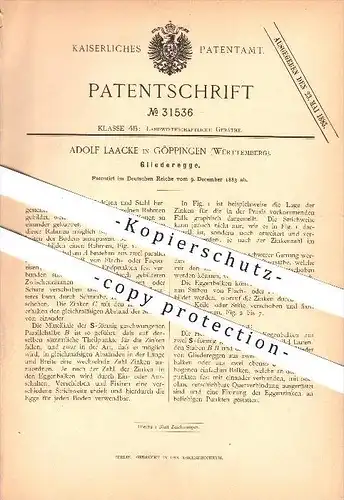 original Patent - Adolf Laacke in Göppingen , 1883 , Gliederegge , Egge , Ackeregge , Landwirtschaft , Bauer , Schmied !