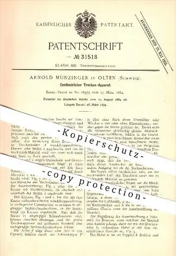 original Patent - Arnold Munzinger in Olten , 1884 , Kontinuierlicher Trocken-Apparat , Trockner !!!