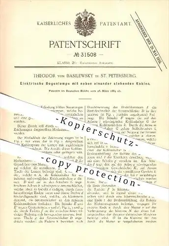 original Patent - Theodor von Basilewsky in St. Petersburg , 1884, Elektrische Bogenlampe , Lampe , Russland !!!