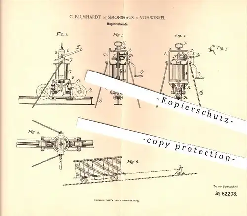 original Patent - C. Blumhardt in Simonshaus b. Vohwinkel , 1894 , Wagenziehwinde , Hebezeuge , Wuppertal !!!