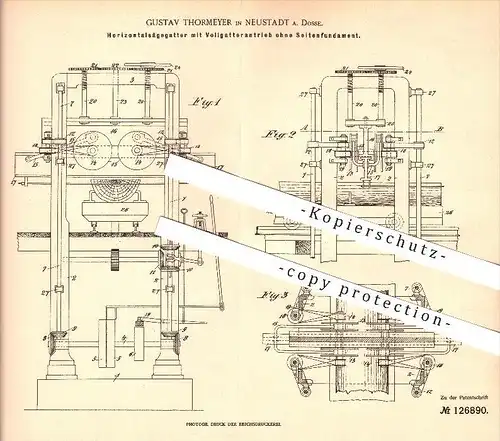 original Patent - Gustav Thormeyer in Neustadt a. Dosse , 1900 , Sägegatter mit Vollgatterantrieb , Gatter , Säge !!!