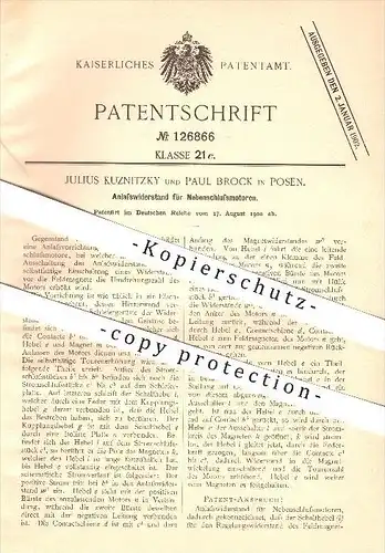 original Patent - Julius Kuznitzky & Paul Brock in Posen , 1900 , Anlasswiderstand für Nebelschlussmotoren , Motor !!!