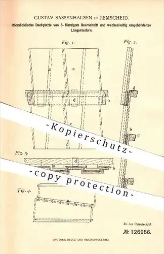 original Patent - Gustav Sassenhausen in Remscheid , Dachplatte , Dach , Dachziegel , Dachdecker , Dachpfanne !!!