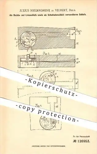 original Patent - Julius Niederdrenk in Velbert , Rhld. , 1901 , Schloss , Schubladenschloss , Möbelschloss , Möbel !!!