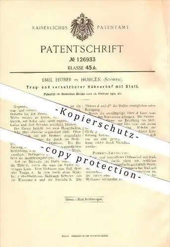 original Patent - Emil Huber in Horgen , Schweiz , 1901 , Hühnerhof mit Stall , Hühner , Tierzucht , Tiere , Bauernhof !