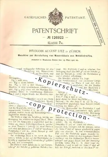 original Patent - Hermann August Litz in Zürich , 1901 , Herstellung von Mauerdübeln aus Metall , Dübel !!!