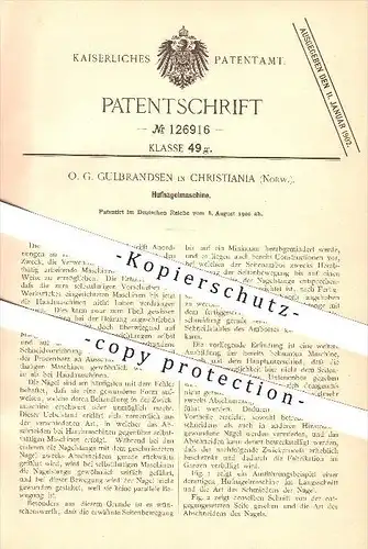 original Patent - O. G. Gulbrandsen in Christiania , Norwegen , 1900 , Hufnagelmaschine , Huf , Hufeisen , Hufschmied !!