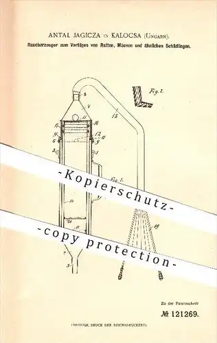 original Patent - Antal Jagicza in Kalocsa , Ungarn , 1900, Raucherzeuger gegen Ratten , Mäuse , Kollotschau !!!