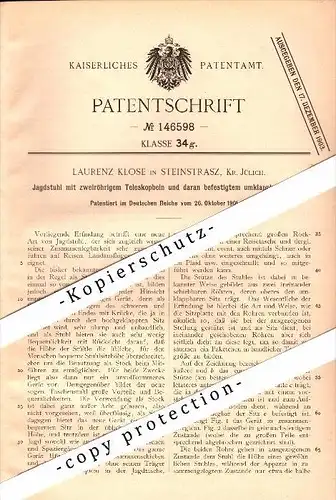 Original Patent - Laurenz Klose in Lich-Steinstraß b. Jülich , 1901 , Jagstuhl mit Teleskop , Jagd !!!