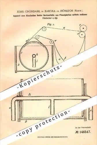 Original Patent - J. Gröhndal in Baegna b. Hönefoss , Norway , 1903 , Apparat für Papierfabrik , Hønefoss !!!