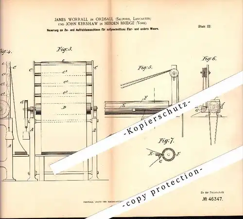 Original Patent - James Worrall in Ordsall und John Kershaw in Hebden Bridge , 1888 , Machine for dyeing , Salford !!!