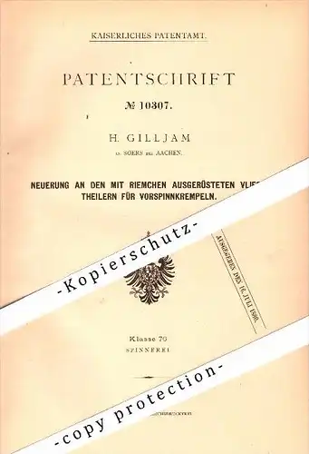 Original Patent - H. Gilljam in Soers b. Aachen , 1879 , Vliesstheiler für Spinnerei !!!