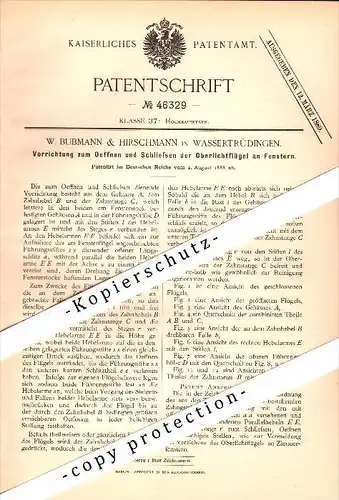 Original Patent - W. Bubmann & Hirschmann in Wassertrüdingen b. Ansbach , 1888, Apparat für Oberlichtflügel , Fensterbau
