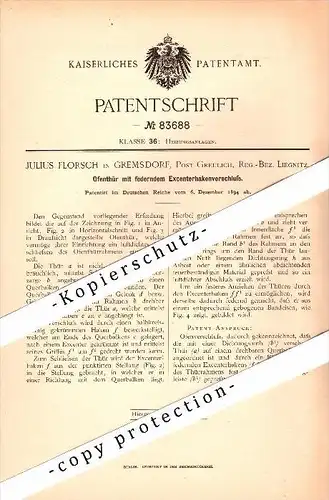 Original Patent - Julius Florsch in Gremsdorf / Gromadka ,1894, Ofentür , Liegnitz / Legnica , Post Greulich , Schlesien