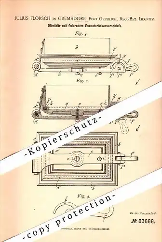 Original Patent - Julius Florsch in Gremsdorf / Gromadka ,1894, Ofentür , Liegnitz / Legnica , Post Greulich , Schlesien