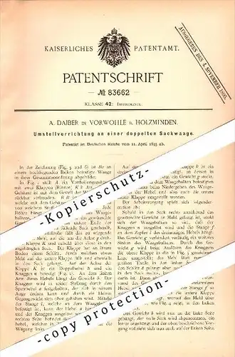 Original Patent - A. Daiber in Vorwohle b. Holzminden , 1895 , Umstellapparat für Sackwaage , Lenne !!!