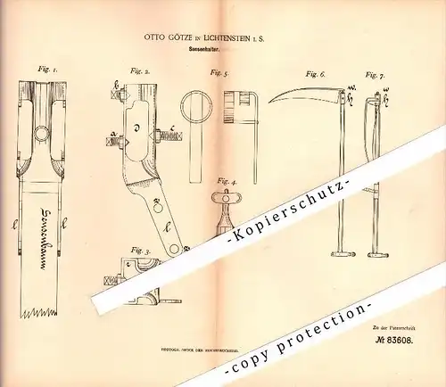 Original Patent - Otto Götze in Lichtenstein i. Sachsen , 1895 , Sensenhalter , Landwirtschaft , Agrar !!!