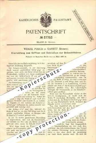 Original Patent - Wenzel Poech in Karbitz / Chabarovice , 1886 , Einrichtung für Schachttüren , Bergbau , Schacht !!!