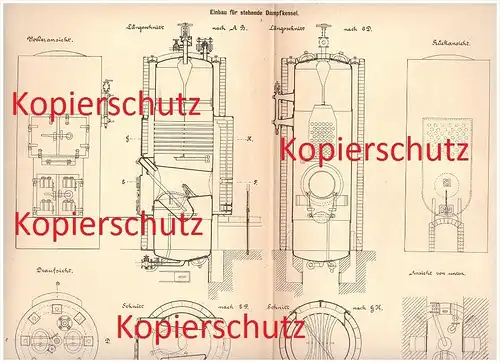 original Patent - Bernhard Bilfinger in Pforzheim , 1886 , Einbau für stehende Dampfkessel !!!