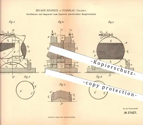 original Patent - E. Knoreck in Stanislau , Galizien ,1886, Kopieren plastischer Gegenstände , Gießerei  Iwano-Frankiwsk
