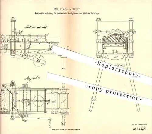 original Patent - Emil Flach in Tilsit / Sowetsk , 1886 , Abschneiden von Dachpfannen und Dachziegeln , Dachdecker !!!